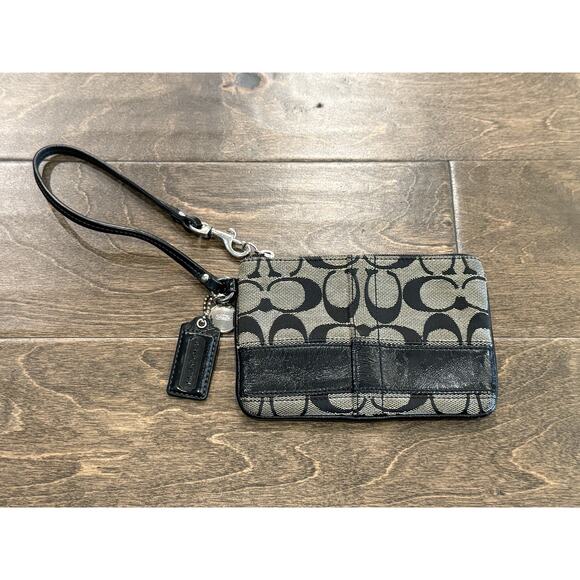 Coach Legacy Logo Signature Leather Stripe Black Canvas Wristlet - Picture 2 of 8